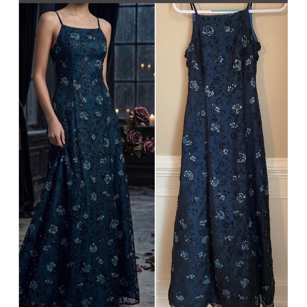 Vtg 90s Morgan & Co Sz 2/4 Velvet Burnout Midnight Blue Black Dress Whimsigoth